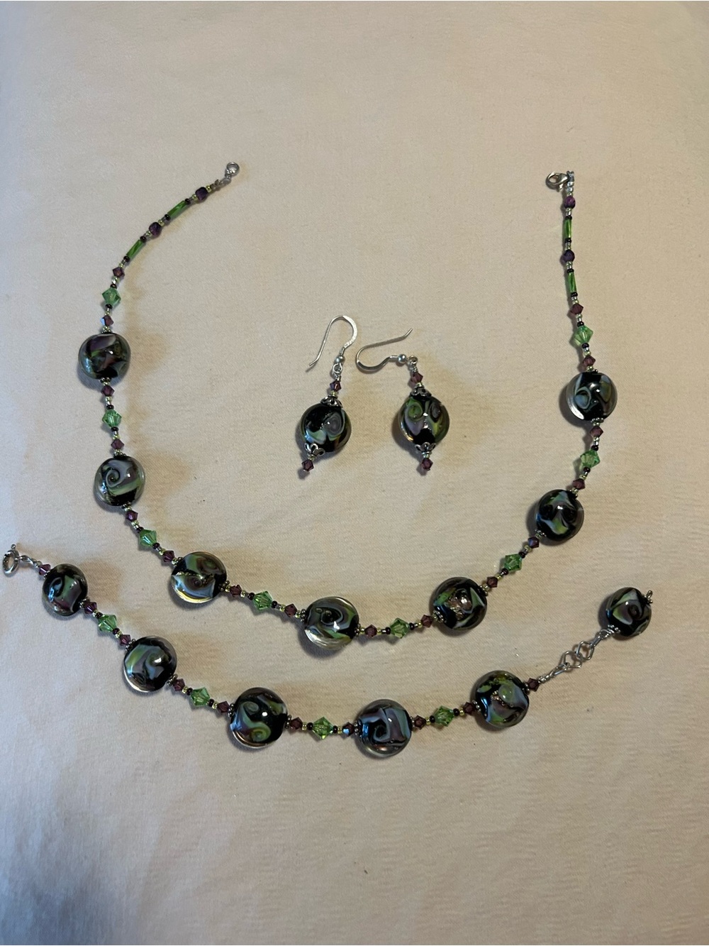 Handmade Green and Black Glass Bead Necklace, Bracelet & Earring Set